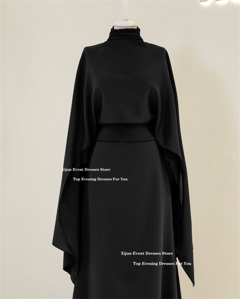 Xijun Crepe Modest Evening Dresses High Collar Pleats Formal Prom Dresses Long Cape Sleeves Muslim A-Line Prom Gowns Customized