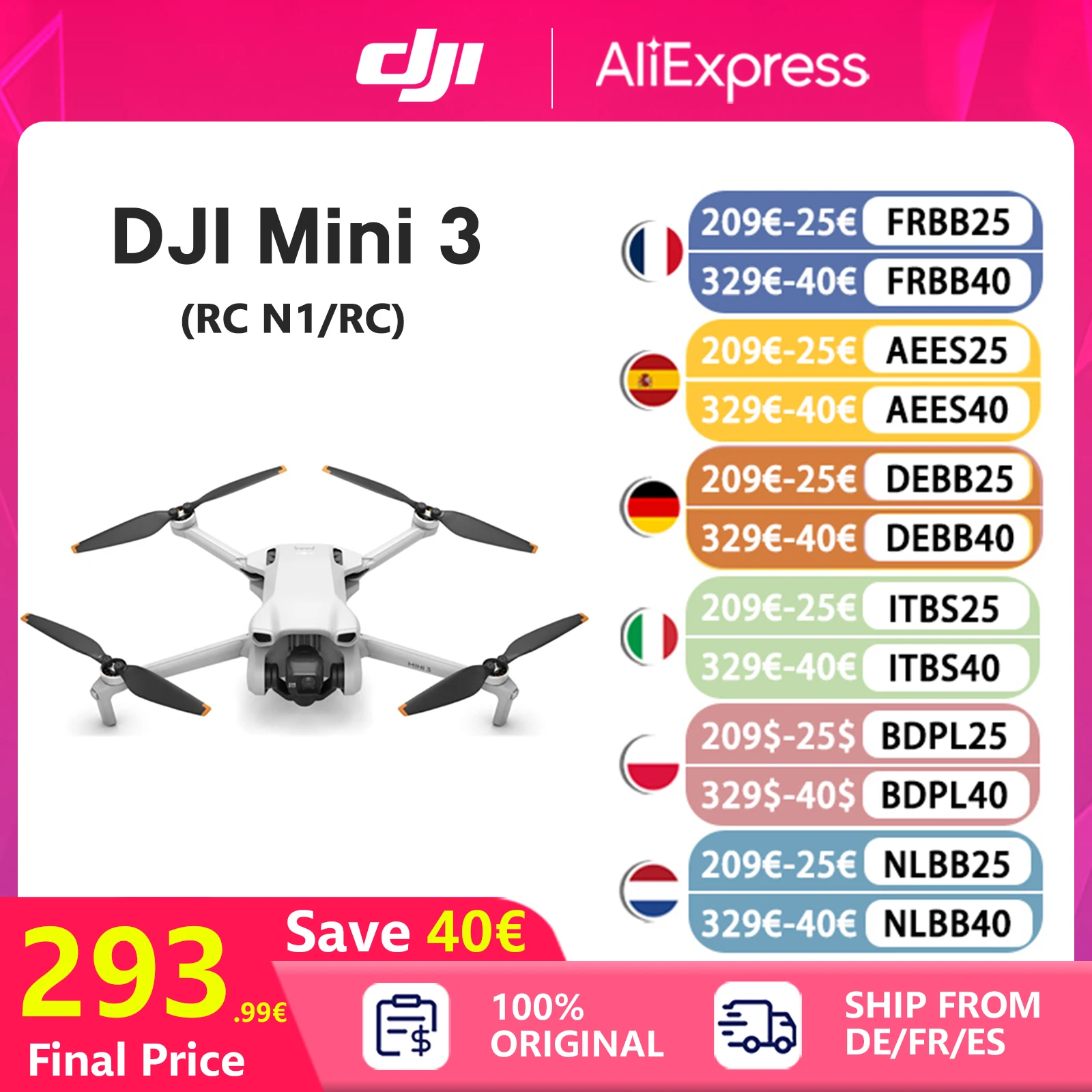 DJI Mini 3 Drone Seulement/RC-N1/RC Fly Plus ChlorFoldable Mini Drone 4K HDR Vidéo 100% Original Marque DJI Mini Drone