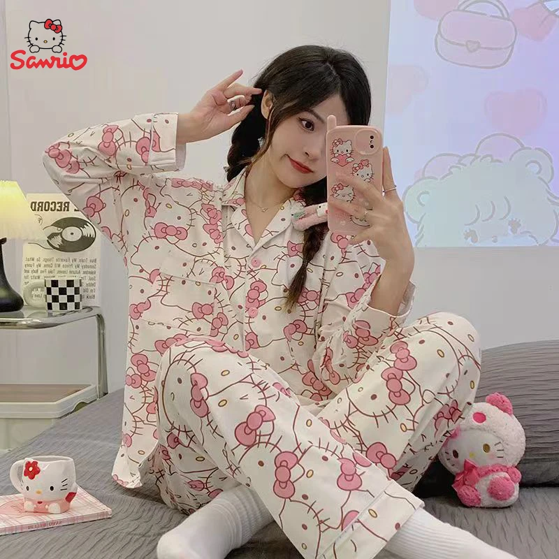Sanrio Lange Pyjamas Hallo Kitty Kawaii Kurzarm Lose Nachtwäsche Pyjamas Sets Kurze Kleidung Mädchen Hause Kleid Geschenke