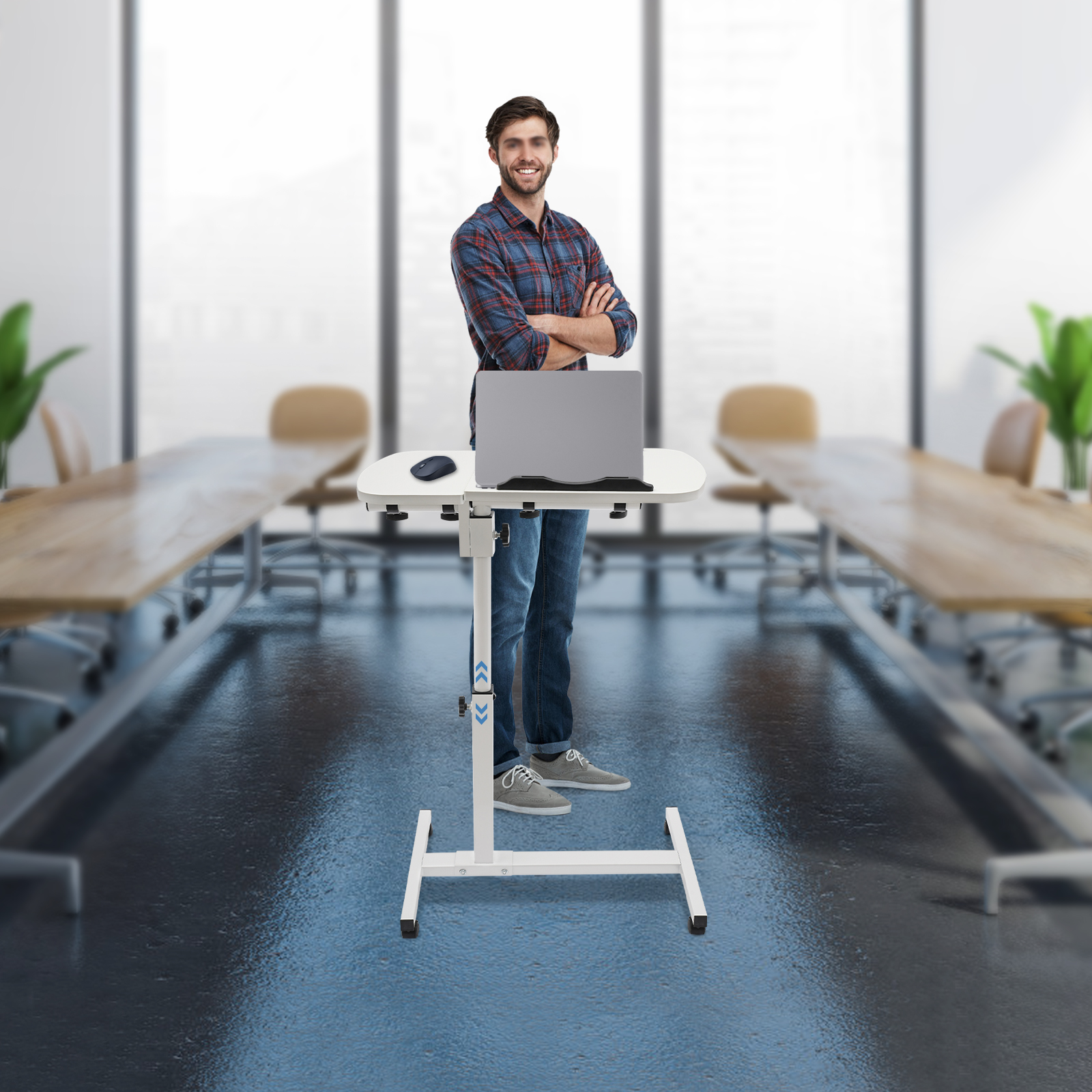White MDF Carbon Steel Adjustable Laptop Desk Stand Bedside Desk Stand With 360° Swivel Wheels With Brake Function For Bedroom