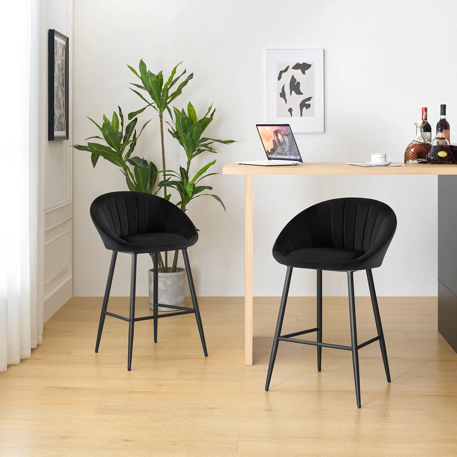 2pcs/set Velvet Bar Stools Bistro Counter Stool Bar Chair Padded Pub Stools with Backrest Footrest for Cafe Living Room