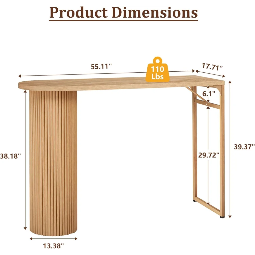55" Long Bar Table, Fluted Wood Counter Height Pub Table, High Top Kitchen Breakfast Bar Tables with Sturdy Metal Frame