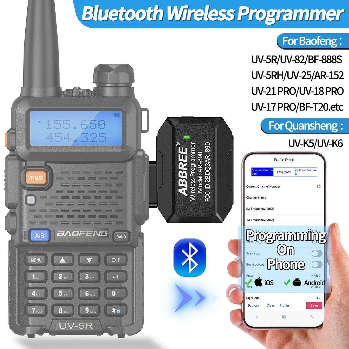 ABBREE Bluetooth Wireless Programmierer für Walkie Talkie Plug & Play Kein Treiber Ausgabe Telefon für UV5R BF888S Quansheng UVK5