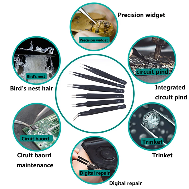 6PCS ESD Anti-Static แหนบสแตนเลส Precision Maintenance อุตสาหกรรมซ่อมโค้งบ้านทํางานมือโทรศัพท์นาฬิกาเครื่องมือ