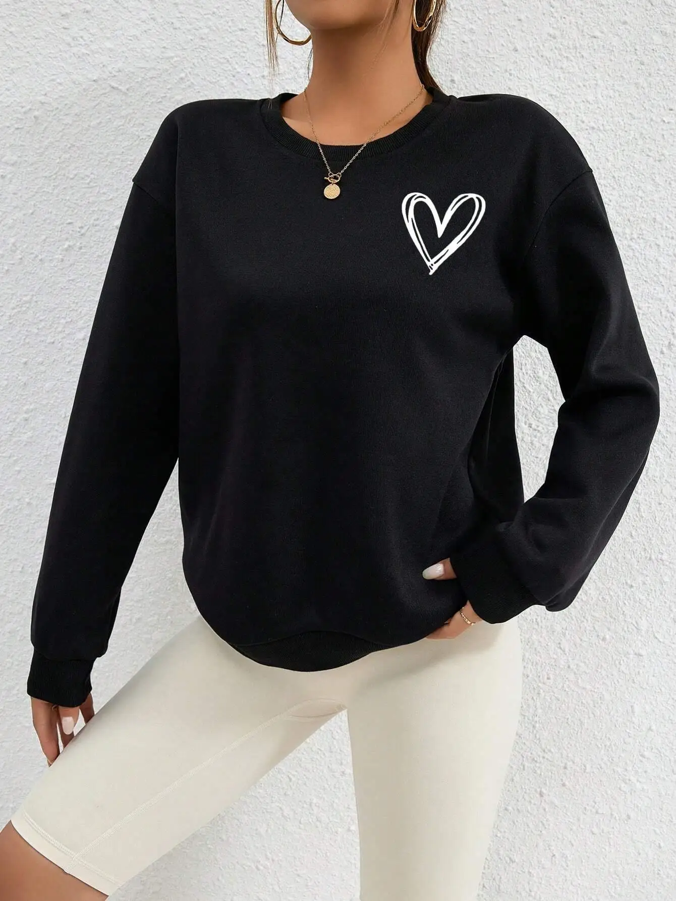 Sudaderas con estampado de corazón Simple para mujer, sudaderas con capucha informales y cómodas con cuello redondo, ropa deportiva cálida de lana holgada