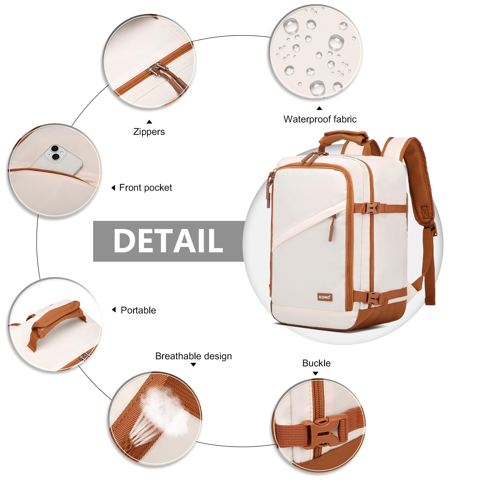 Kono Kabinentasche für Ryanair, Handgepäck Rucksack 40 x 20 x 25 cm, 20 l, beige/braun, Untersitz Reisegepäck für Flugzeug