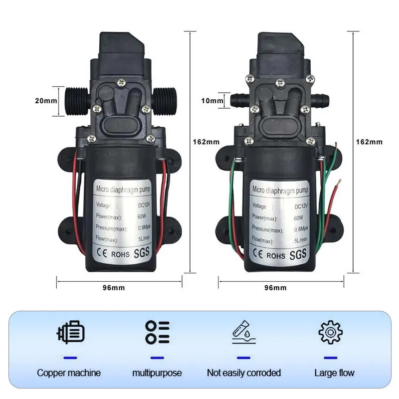 Bomba de água de diafragma de alta pressão, dc 12v 60w 120psi 5l/min micro bomba de água elétrica autoescorvante pulverizador de água lavagem de carro