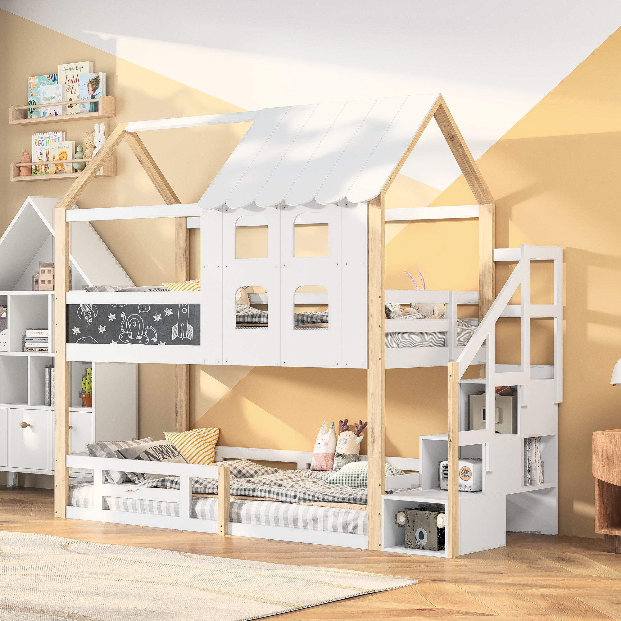 Marco de cama doble de madera blanca para niños, 90x200cm, con escalera y protección contra caídas, litera de casa, sin colchón