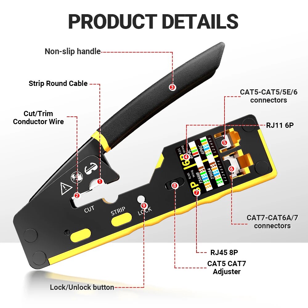 AMPCOM-Sertisseuse de réseau RJ45 de type EZ, CriAJ, Cut, Strip Lan, CAT8, 7, Snap6, 5E, STP, UTP, 3 en 1 câble modulaire RJ11/12 Tel (AM-6088)