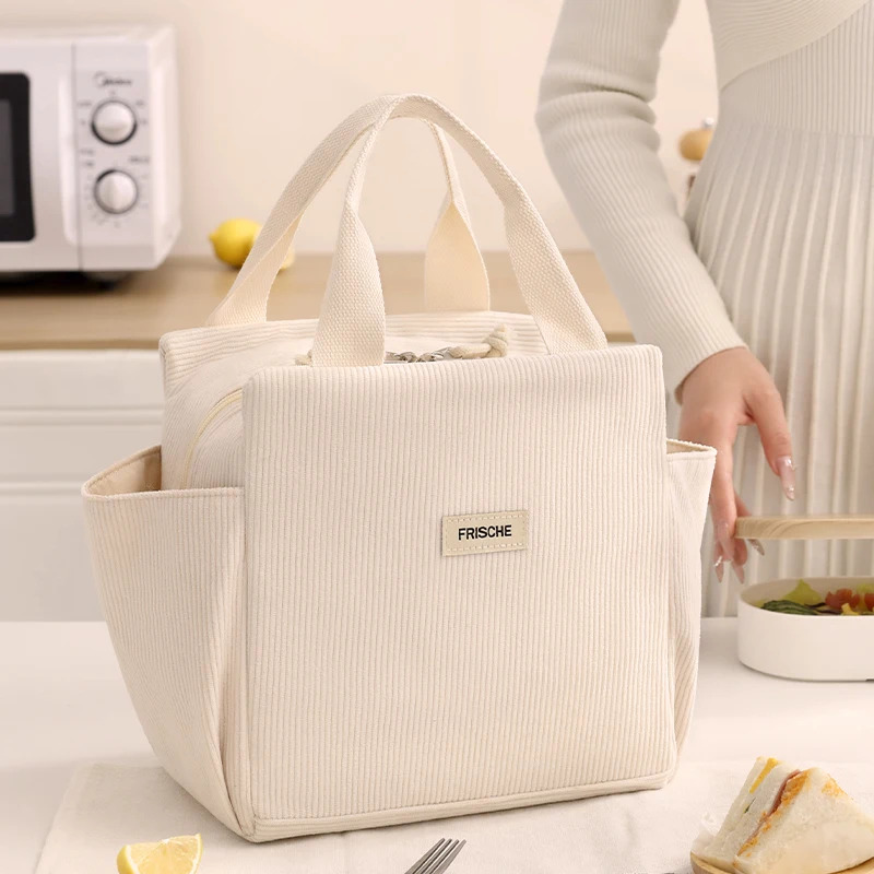 Corduroy Lunch Bag, Handheld Insulated Bag, Portable Lunch Box, Kids Multifunctional Storage Tote Bag, Camping Picnic Bag