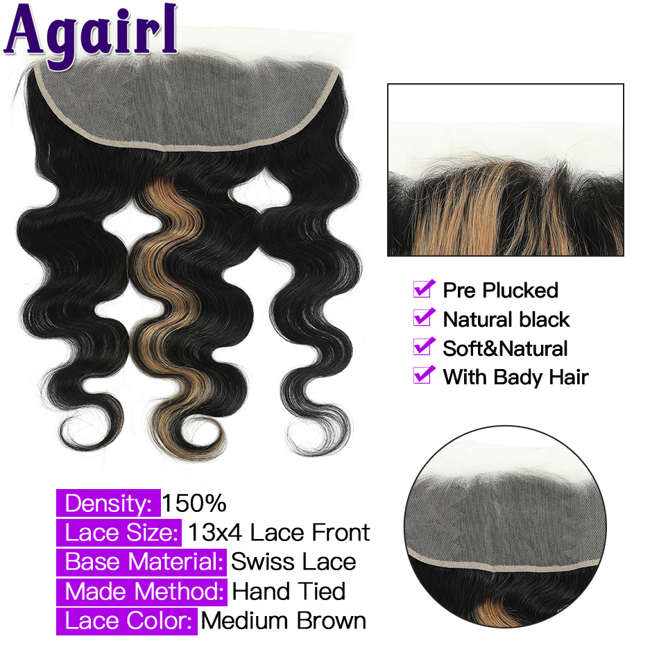 Extensiones de cabello humano brasileño con cierre, mechones ondulados de encaje Frontal, Rubio, 1B/27, 13x4