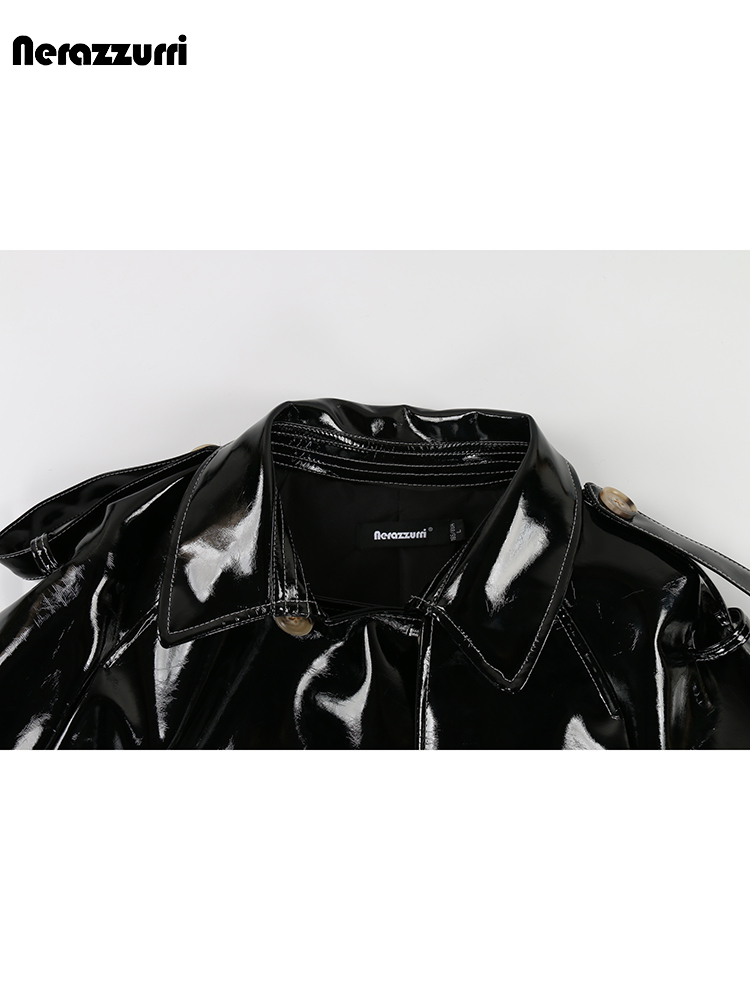 Nerazzurriฤดูใบไม้ร่วงสีดําเงาสีแดงสิทธิบัตรPuหนังTrench Coatสําหรับเข็มขัดผู้หญิงDouble Breasted Luxury Designerเสื้อผ้า 2023