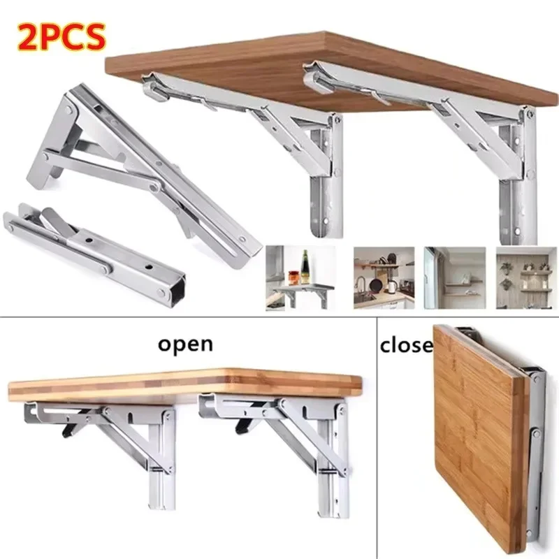 2PCS Heavy Duty Triangle Folding Angle Shelf Bracket Stainless Steel Collapsible Shelf Bracket for Table Work Bench Wall Mounted