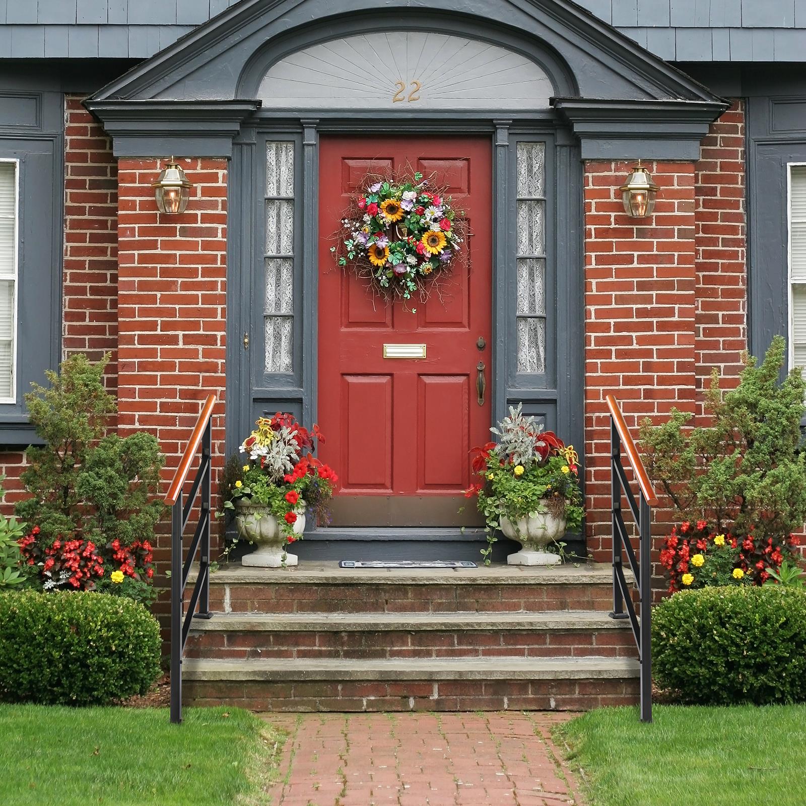 for outdoor Handrails for Steps - Wrought Iron & Solid Wood Railing, Perfect for concrete & Porch, Fits 1-3 Steps