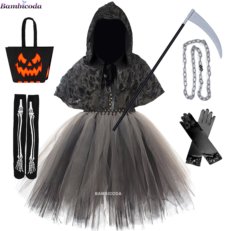 Halloween Party Cosplay Traje para Meninas, Manto da Morte, Manto Preto, Crânio, Esqueleto, Bola, Prop Set, Crianças