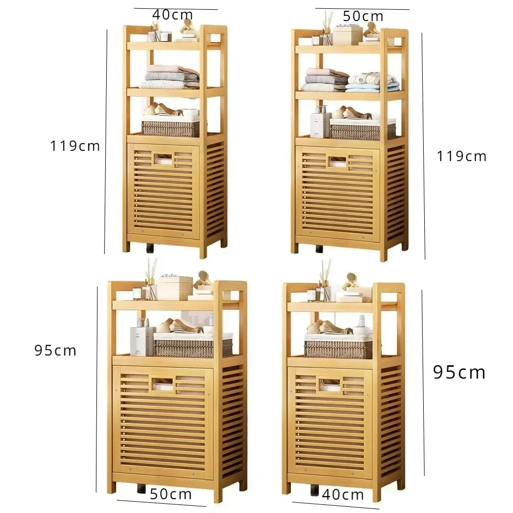Cesto per la biancheria con ripiano con cestino inclinabile Cesto portaoggetti in legno a 3/4 livelli Portaoggetti da bagno Cesto per la biancheria in bambù multifunzione