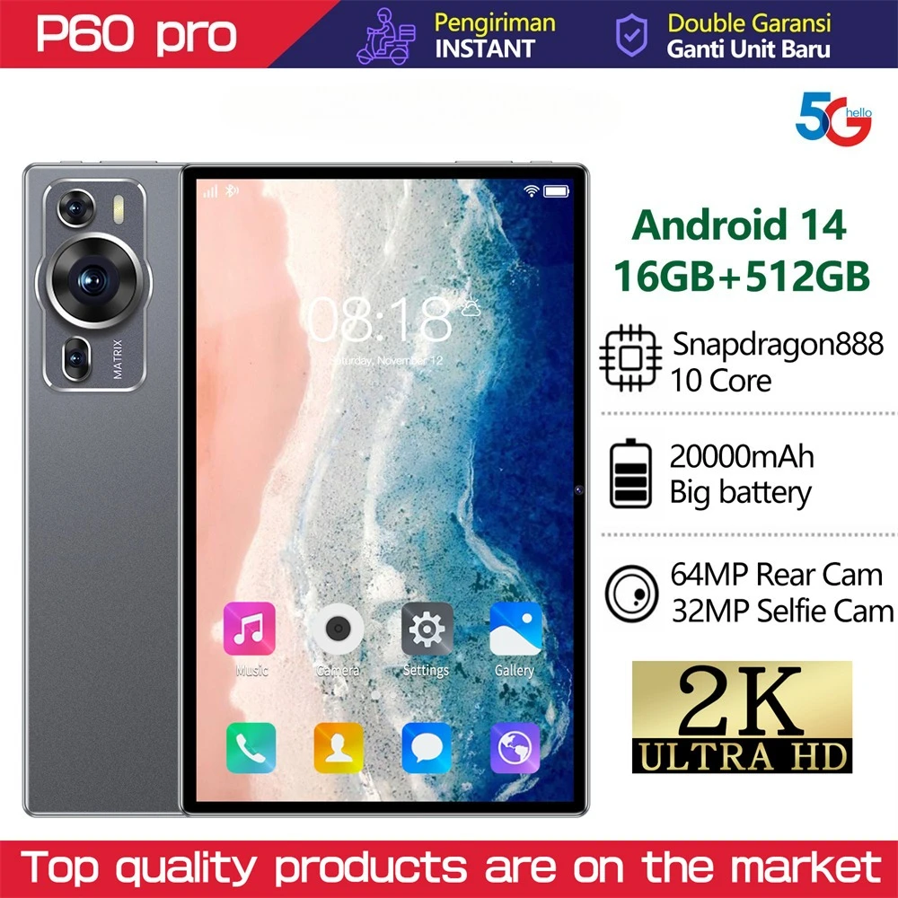 2025 NIEUWE Originele P60PRO Tabletten 10 Inch 20000 mAh HD Tab Android 14 16 GB + 1 TB Global Versie 5G Dual SIM WiFi GPS Tablet PC