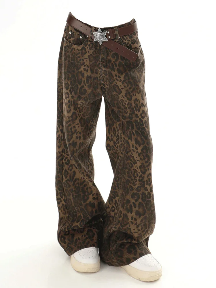 DAILOU Baggy Leopard Print Y2k Jeans Women High Waisted Casual Wide Leg Denim Pants Fashion Streetwear Retro Straight Jeans