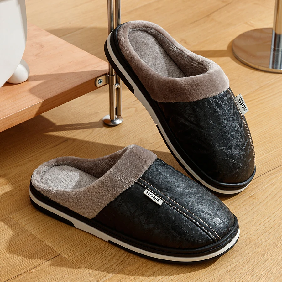 Zapatillas de invierno para hombre, zapatos de casa de interior impermeables de cuero PU, zapatillas de dormitorio para el hogar con forro de piel cálida de gran tamaño