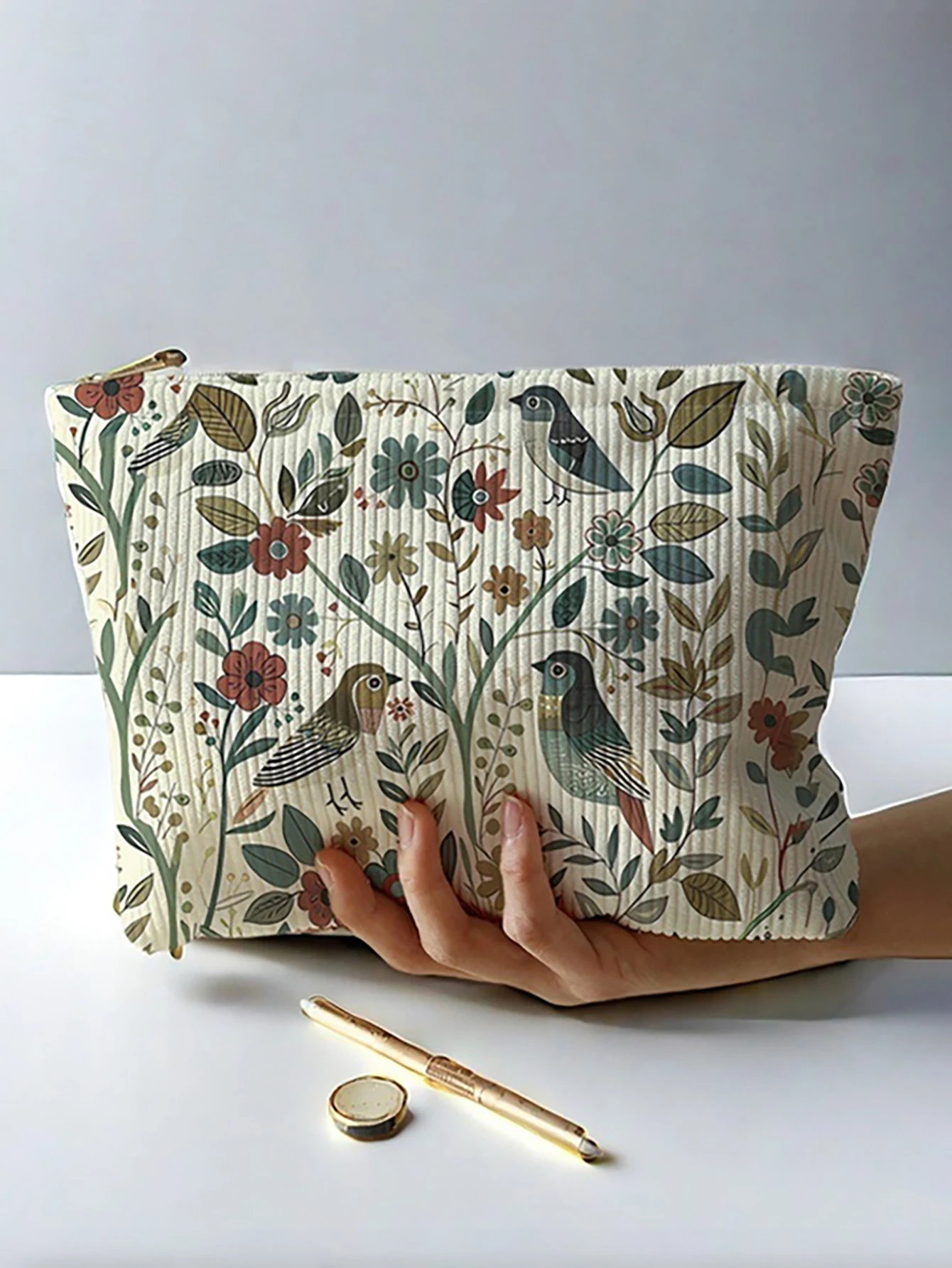 1 Stück, Make-up-Tasche aus Cord mit Reißverschluss und Zweigvogelmuster, leichte und multifunktionale Kosmetik-Aufbewahrungstasche