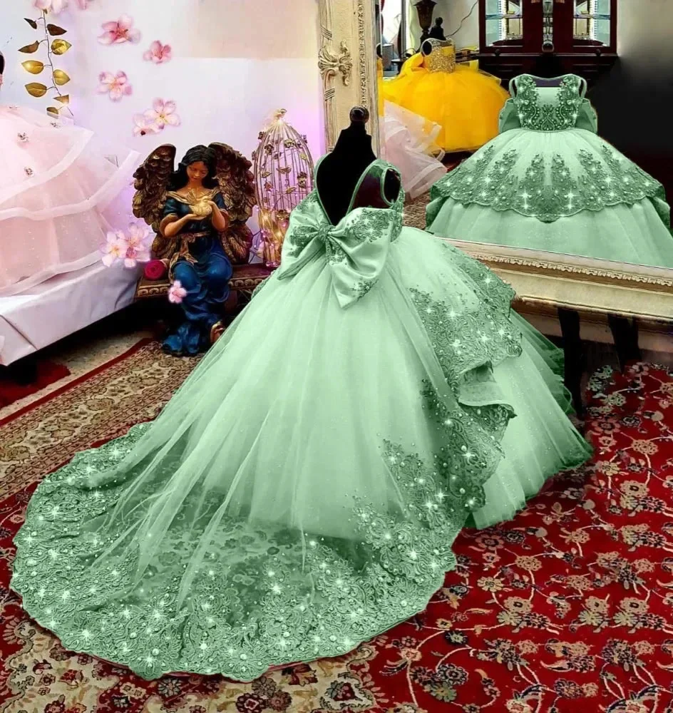 2024 ใหม่ดอกไม้สาวชุดสําหรับงานแต่งงานTulle Puffyลูกไม้ประดับด้วยลูกปัดแขนกุดกับโบว์เจ้าหญิงGownsชุดวันเกิด