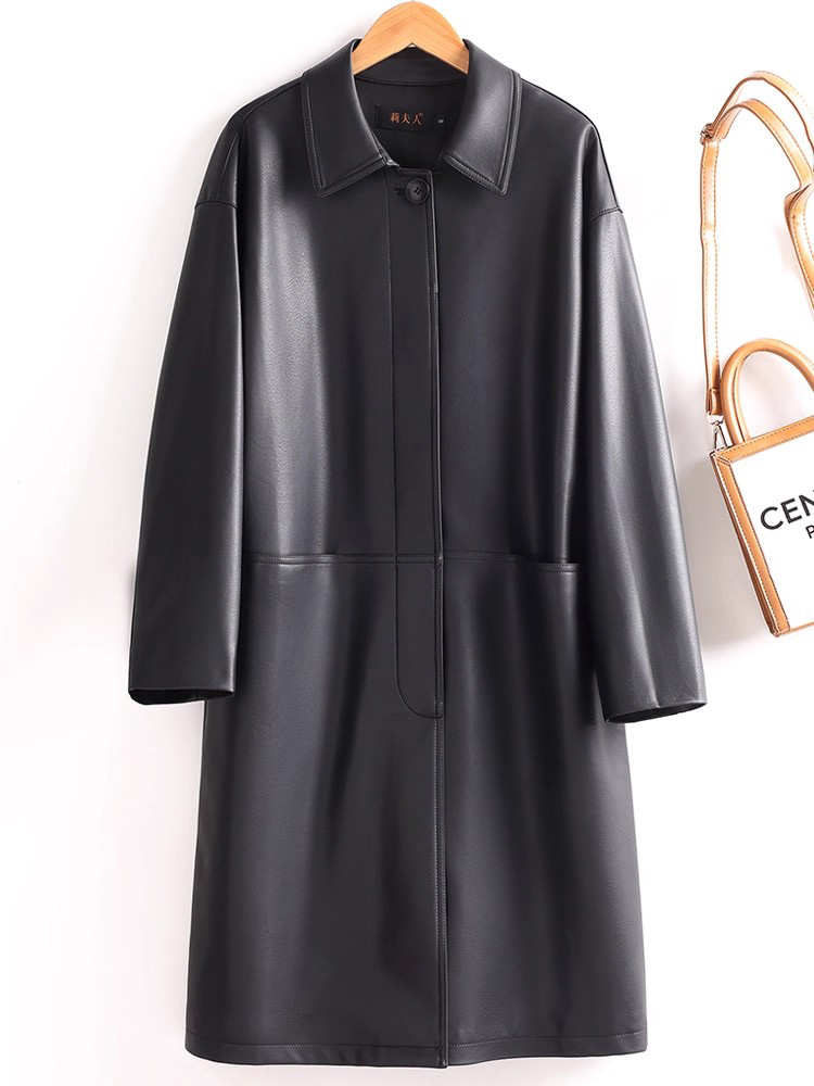 Nouveau Femmes Refente de cuir Manteau Printemps Automne Mode Col rabattu Taille ample Trench en Refente de cuir décontracté Simplicité Manteau long pour femme