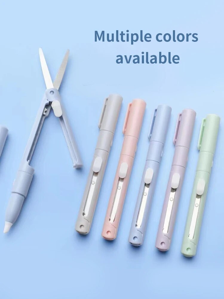 1pc Mini Portable Scissors Paper Cutter Knife 2 In 1 Multifunctional Pocket Pen Shape Scrapbooking Carving Cutting Art Tools