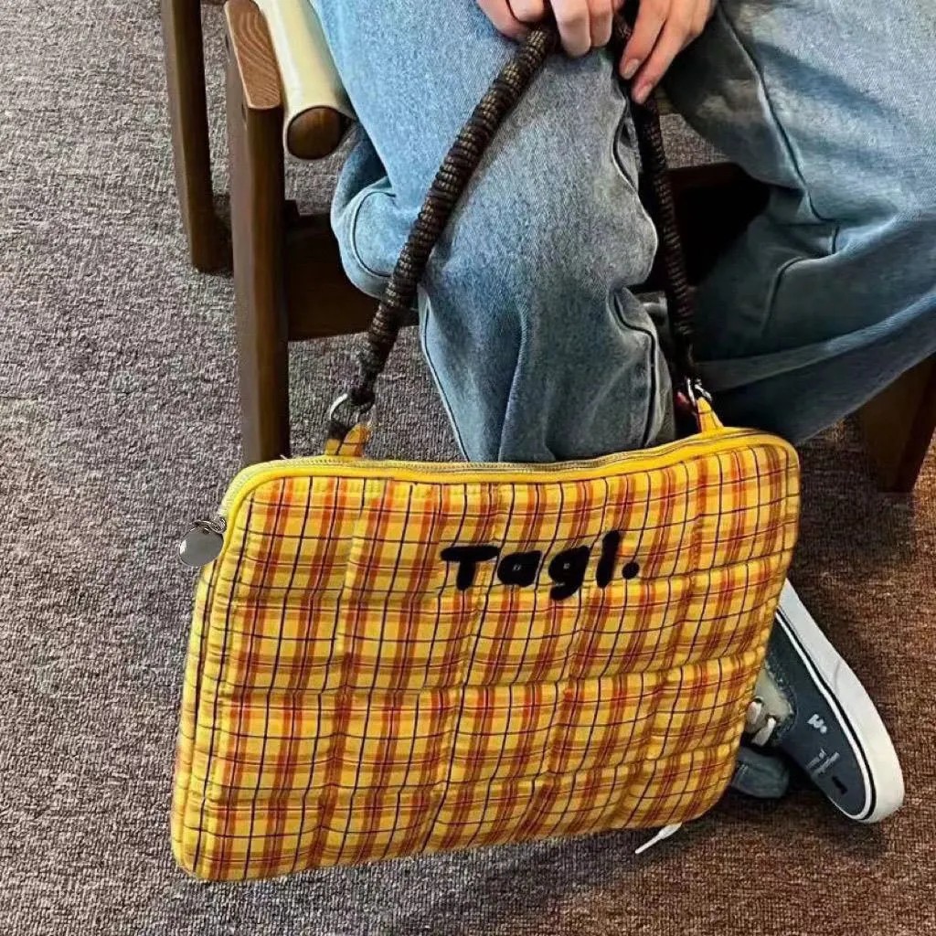 Sac à dos unisexe pour étudiants, Style collégial, mode plaid jaune-orange, couleurs assorties, tissé, broderie perlée, pour ordinateur portable, 15 pouces de large