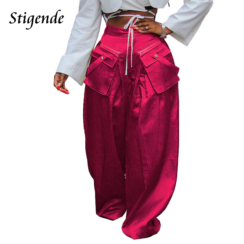 Stigende Wide Leg Loose Cargo Pants Women Removable Pocket Hip Hop Pants Patchwork Stretch Straight Baggy Trousers Streetwear