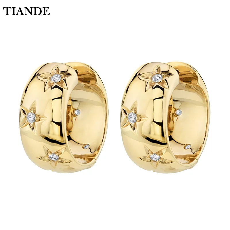 TIANDE Mạ Vàng Lớn Đôi Khuyên Tai Vòng Cho Nữ Mỹ Zircon Ngôi Sao Vòng Vòng Tròn Xỏ Bông Tai Tiệc Thời Trang Phụ Kiện Trang Sức