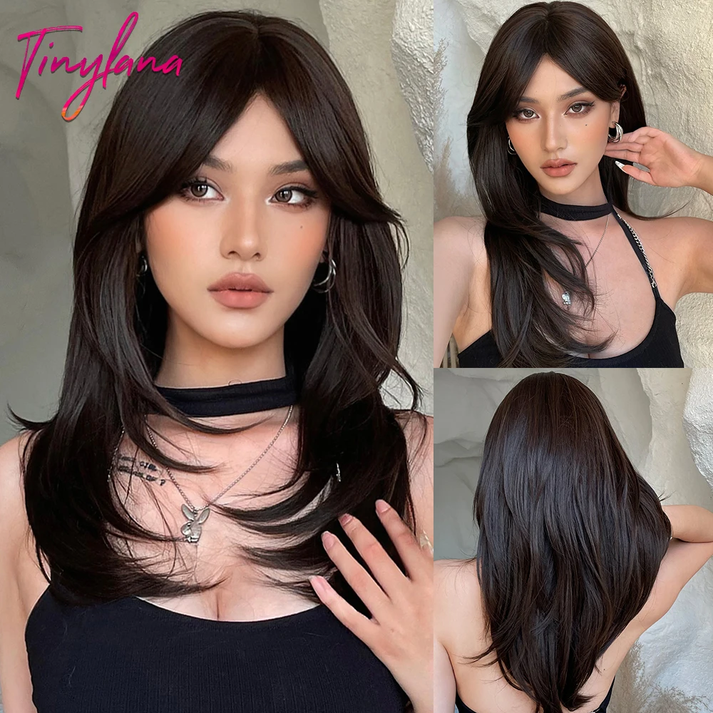 Peruca sintética reta longa com franja para mulheres, cabelo castanho escuro e preto, resistente ao calor, cabelo afro natural, peruca em camadas para cosplay e festa