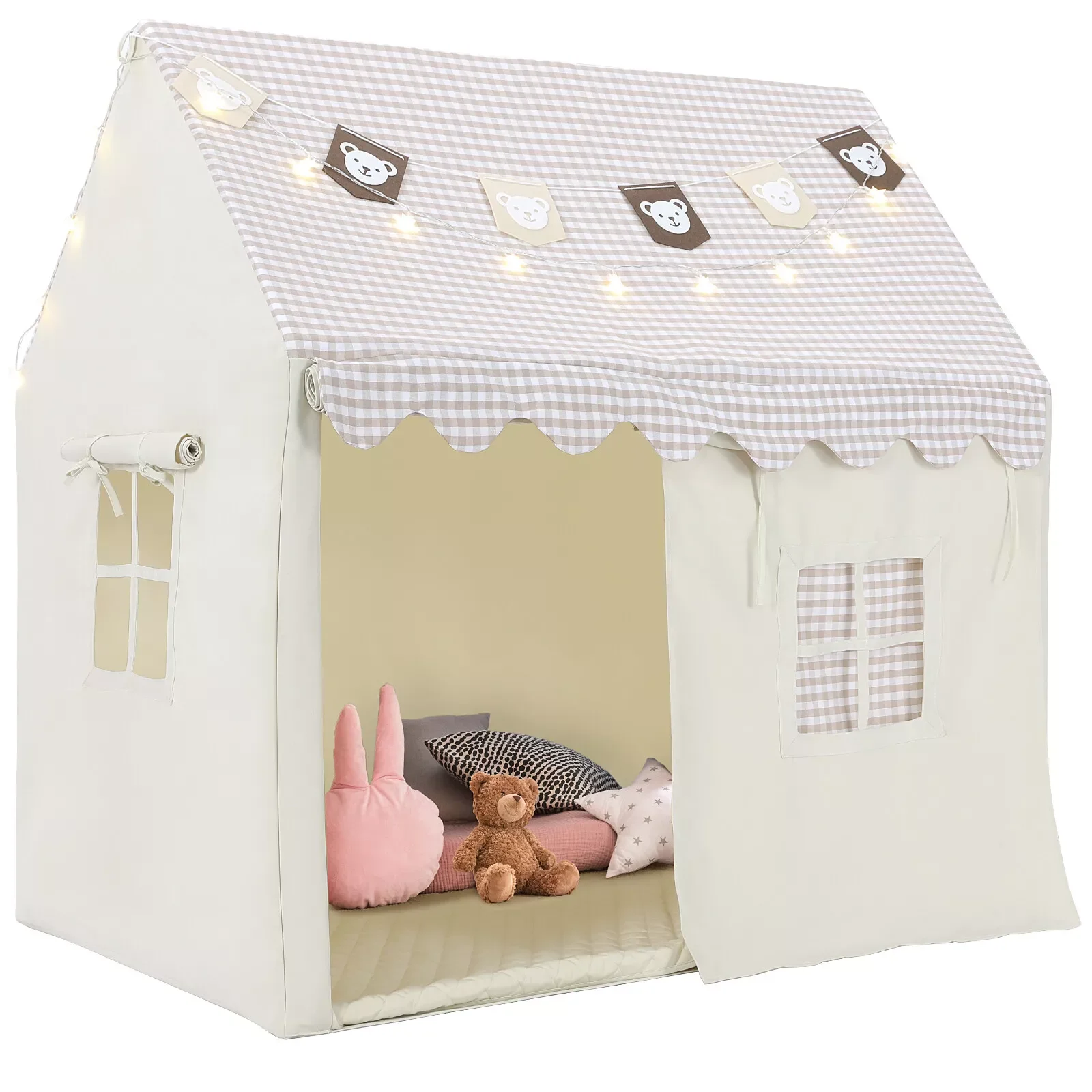 Tenda per bambini per interni, casetta da gioco per bambini con tappetino e luci, tenda da gioco con banner e finestre con bandiera, per ragazzi e ragazze 1-8 anni