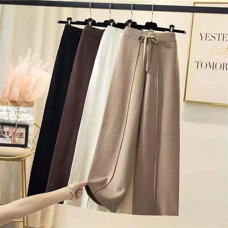Gebreide broek dames lente en herfst hoge taille elastisch draperen trekkoord losse casual dweilbroek rechte broek met wijde pijpen