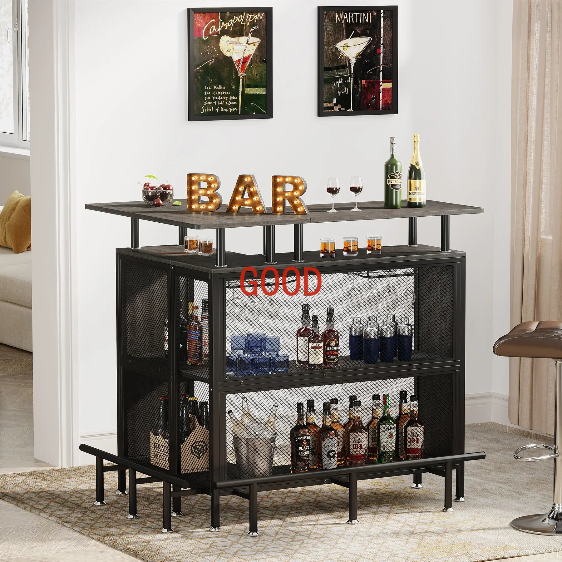 Tribesigns Home Bar Unit, L-Shaped Bar Table with Stemware Racks and 2-Tier Shelves, Corner Mini Coffee Liquor Cabinet