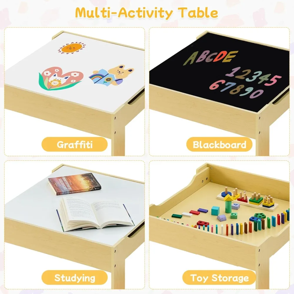 Kids Table and Chair Set, 3 in 1 Wooden Activity Table with Detachable Tabletop, Toddler Table and Chair Set with Storage Drawer