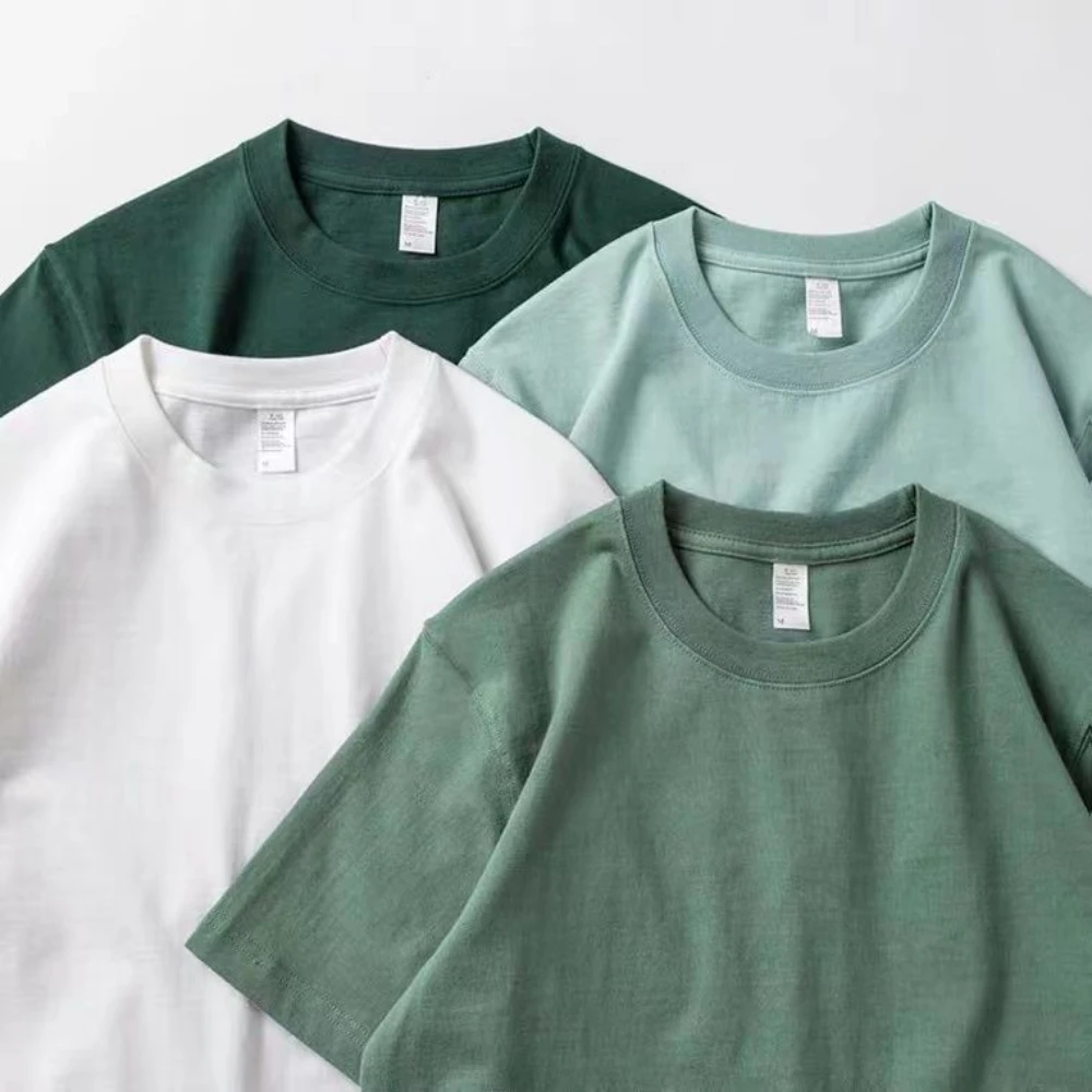 男性女性グリーン Tシャツ 200 グラム綿半袖トップ韓国 Tシャツグリーン厚手の綿半袖ユニセックス Tシャツ