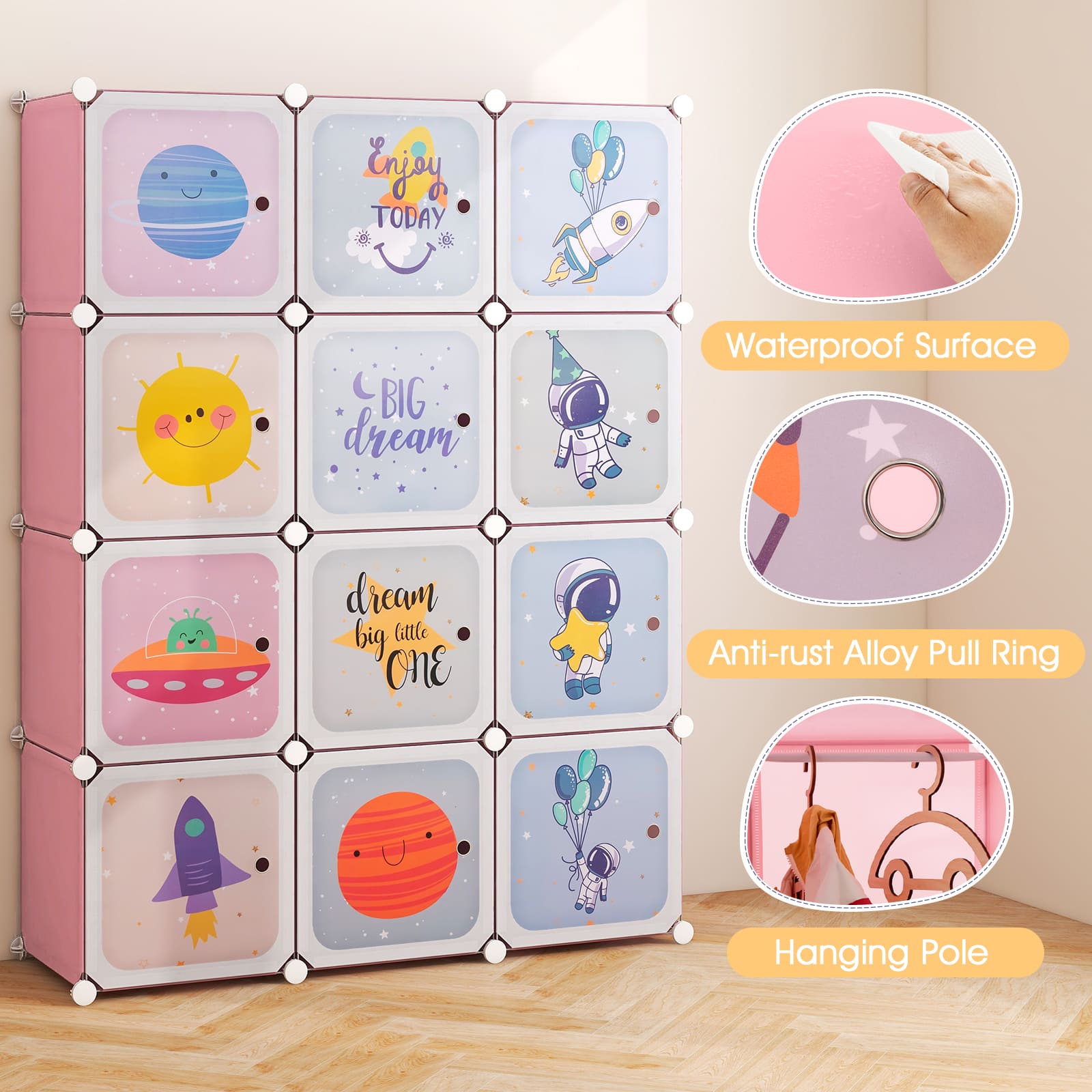 DORTALA Portable Children Wardrobe 12 Cubes Kid Closet Dresser Storage Organizer-Pink