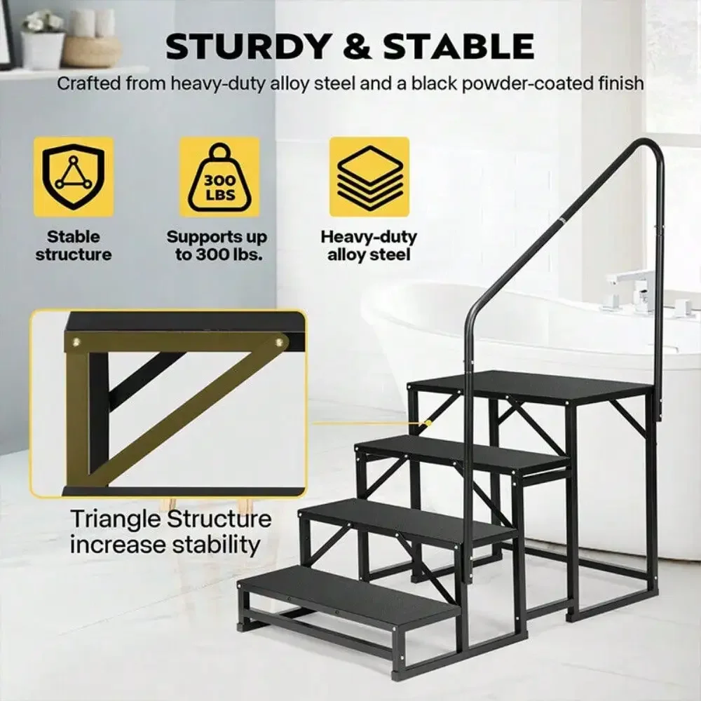RV 4 Steps with Handrail Mobile Home Ladder Portable Stairs for RV, Hot Tub, Spa