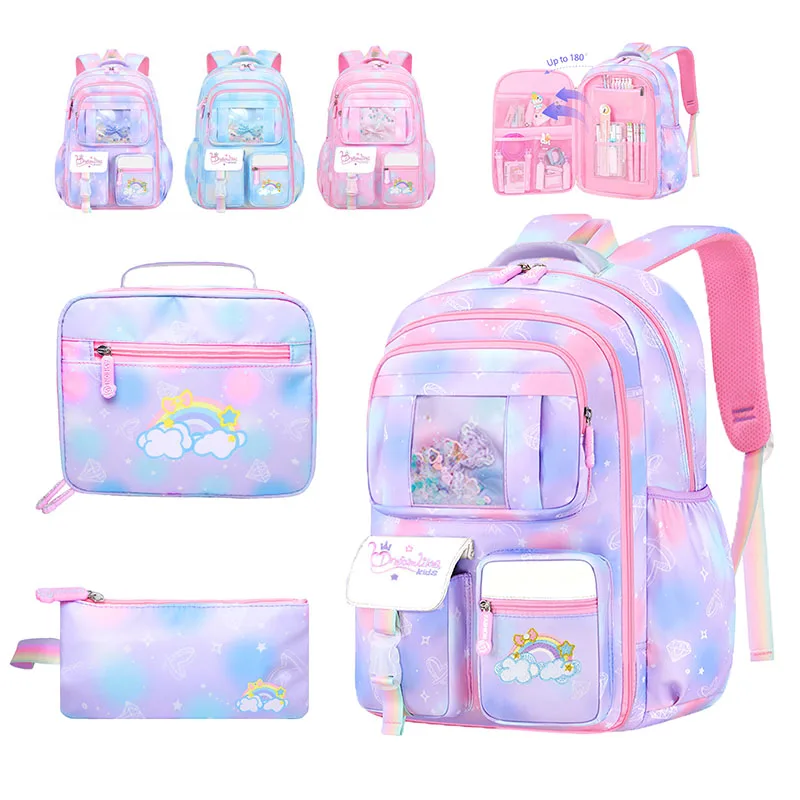 Mochila escolar de grande capacidade para meninas, mochila escolar infantil, lancheira, estojo, presente da criança, criança, 3 peças