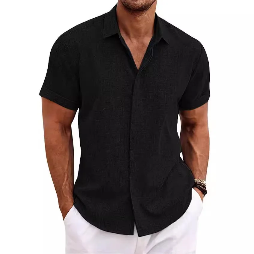 Camisa blanca de manga corta de algodón y lino para hombre, Top básico cómodo de Color sólido, blusas informales con botones negros para hombre