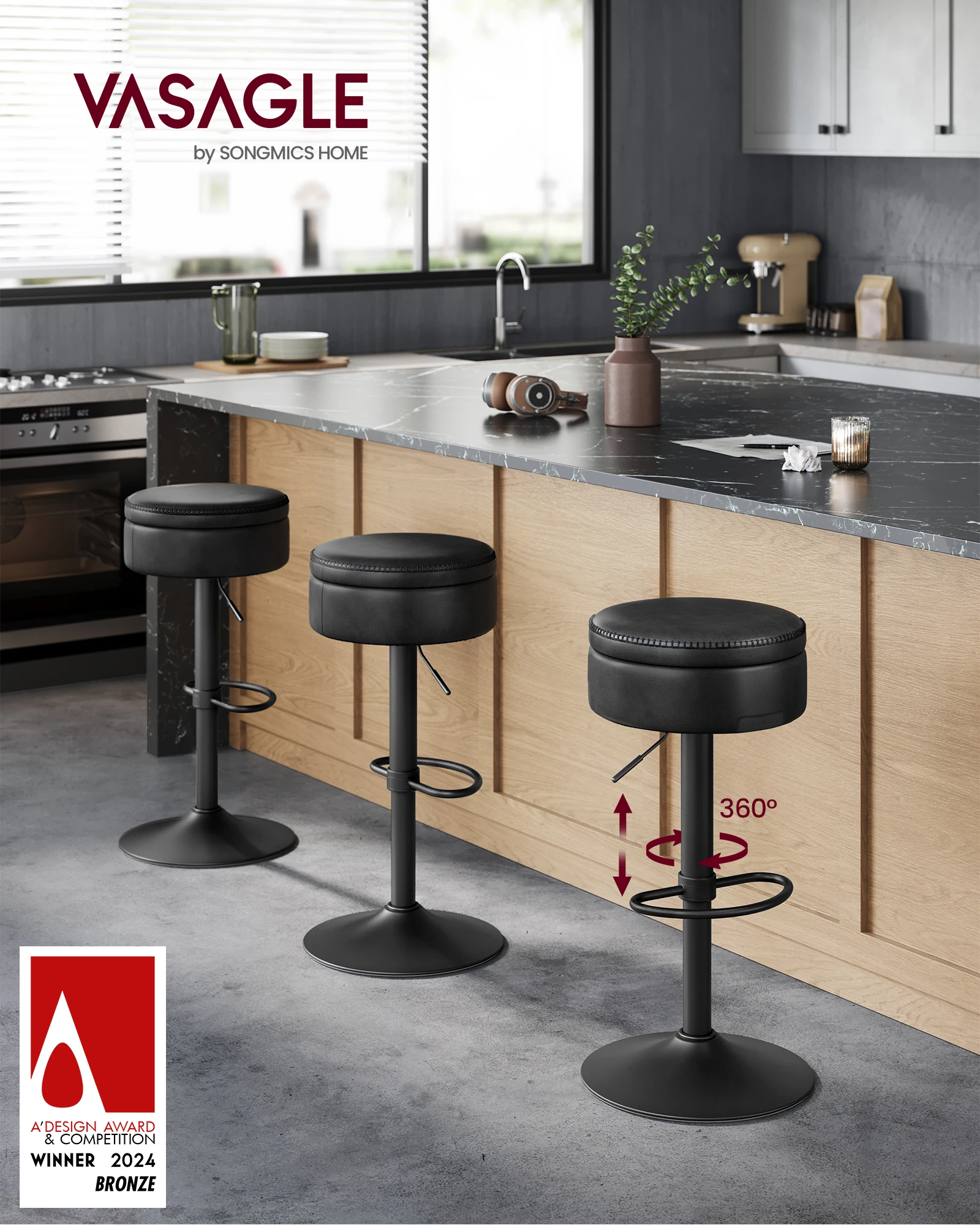 VASAGLE Tabouret de Bar Pivotant à 360 °   Noir d'Encre - Hauteur Réglable - Rangement