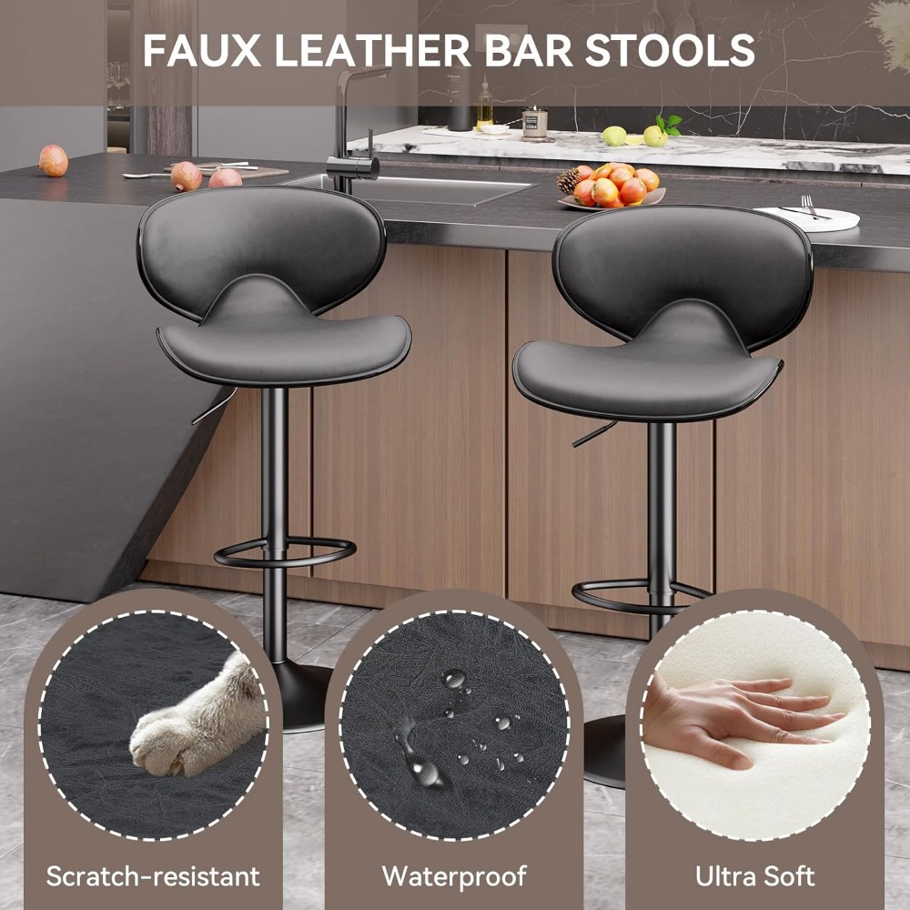 Set of 4 Swivel Faux Leather Bar Stools with Backrest and Footrest, Adjustable Counter Height Kitchen Stools