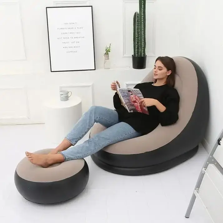 Poltrona preguiçosa inflável Sofá dobrável flocado em PVC com conjunto de chaise longue para almoço pull-on