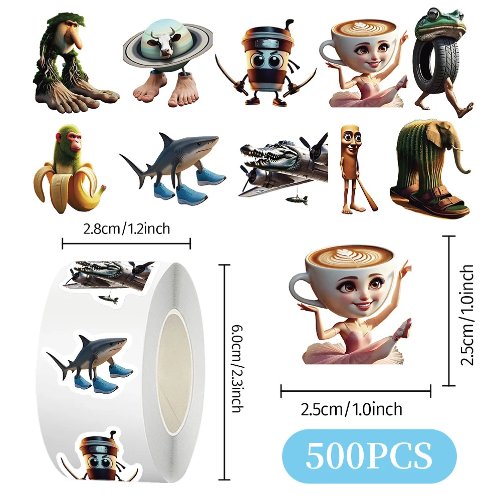 500pcs/Roll Tung Tung Sahur 이탈리아 Brainrot AI Abstrac 동물 씰링 스티커 노트북 데칼 장식 Stiker 보상 선물 완구