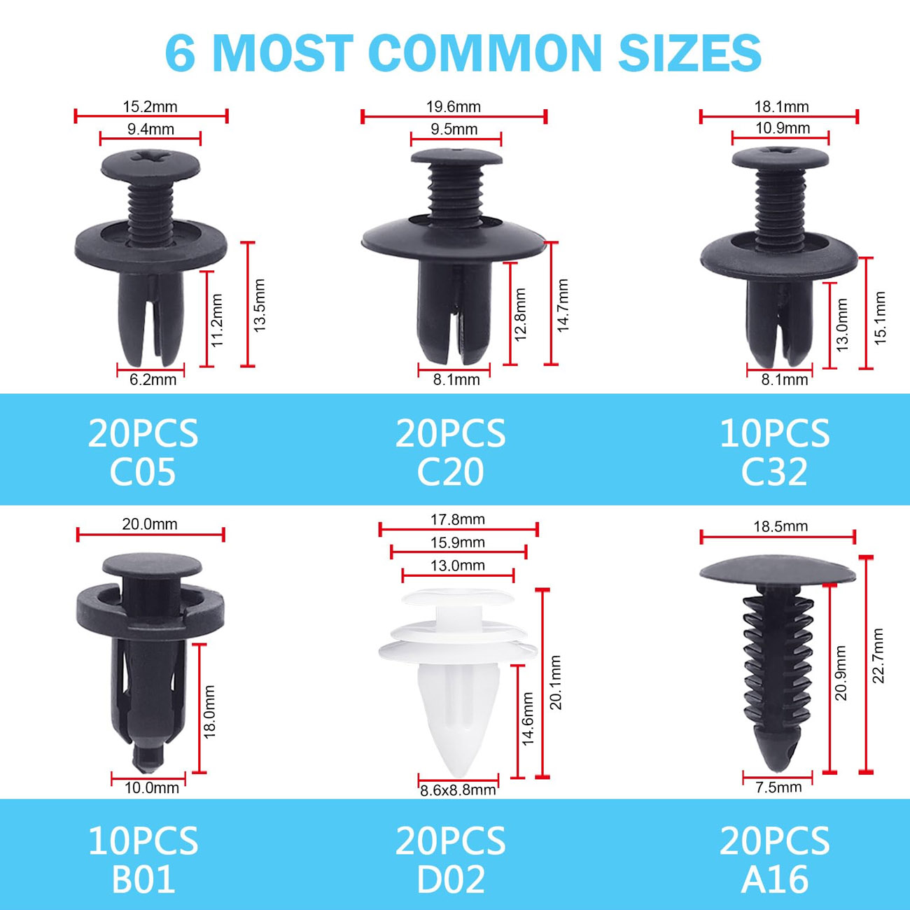 100 Uds Clips de retención de parachoques Clips de coche sujetadores de remaches de plástico Kit de retenedor de empuje más Popular juego de remaches de pasador de empuje automático de 6 tamaños