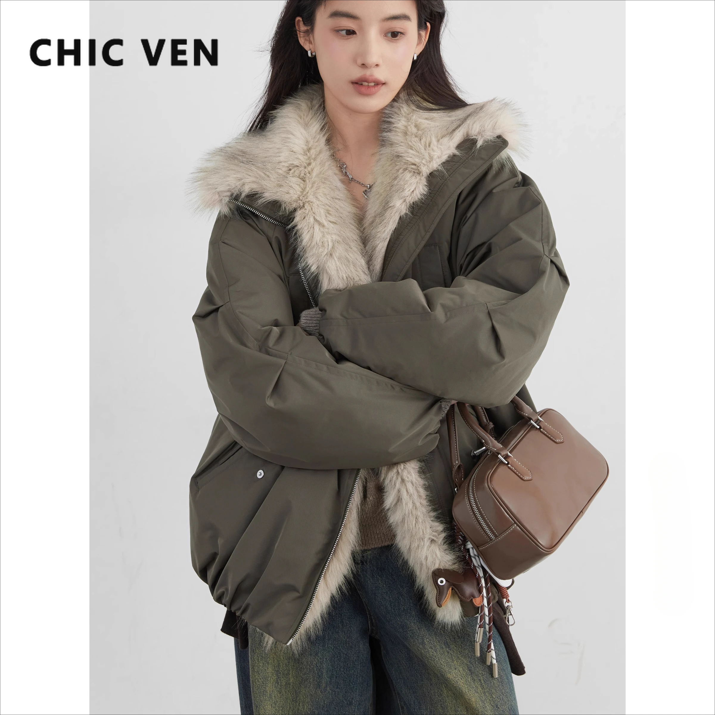 Chique ven coreano feminino para baixo casacos gola de pele do falso solto casual com capuz 90 pato branco para baixo jaqueta feminina outono inverno 2025