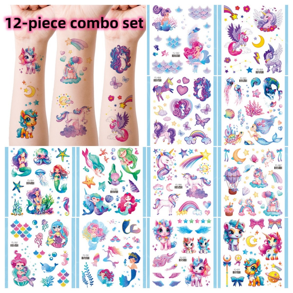 12 Uds. Tatuaje temporal resistente al agua de unicornio y sirena con purpurina, tatuaje Flash de arcoíris de dibujos animados para niños, tatuajes falsos de arte corporal para brazo
