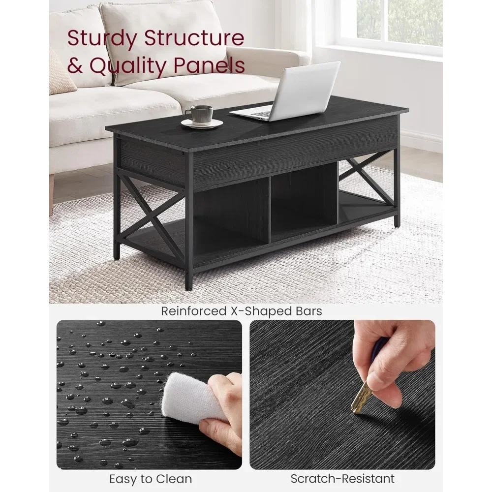 Mesa de centro elevatória, mesa de centro elevatória com prateleira de armazenamento, compartimentos ocultos e tampo elevatório, para sala de estar, escritório