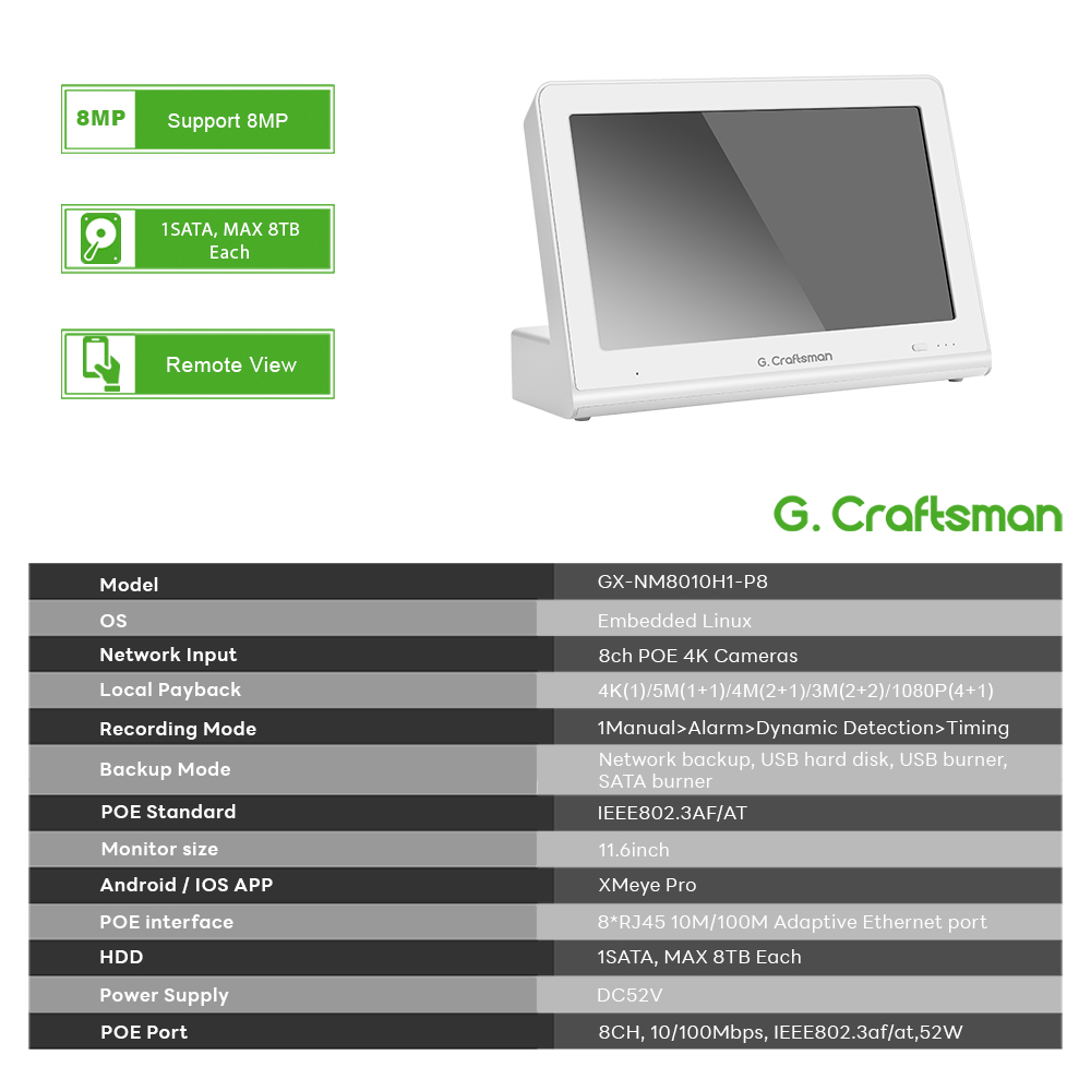 G.Craftsman 8-канальный сетевой видеорегистратор с POE и монитором для магазина и магазина, сетевой видеорегистратор, запись регистрации, IP-камера, система безопасности XMEYE