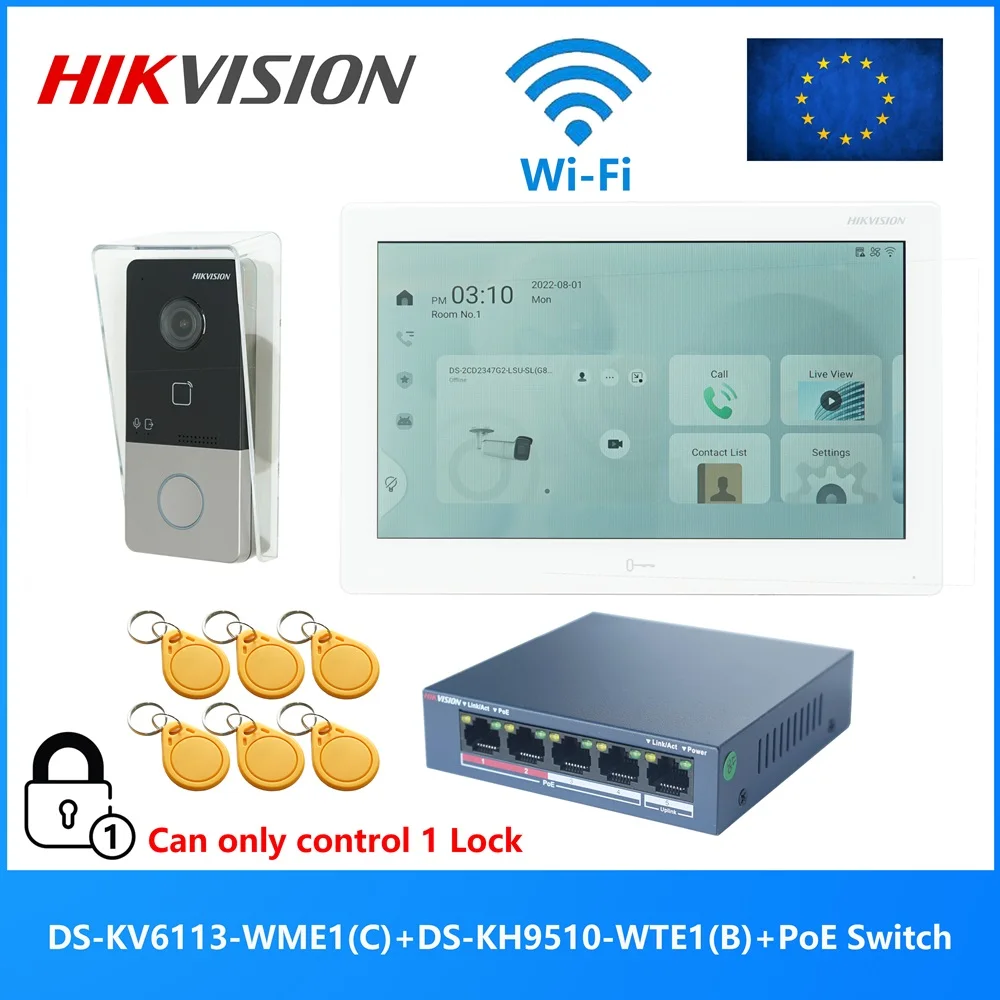 Hikvision mehrsprachiges 802.11af Poe Video Intercom Kit, inklusive DS-KV6113-WPE1 (c) & DS-KH9510-WTE1 (b) & Poe Switch
